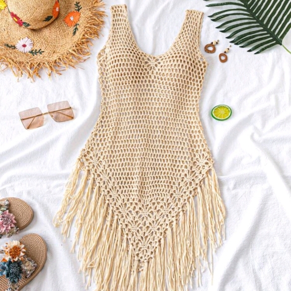 SHEIN Swim Hollow Out Knitted Fringe Hem Cover Up Dress, For Summer Beach - Picture 1 of 7